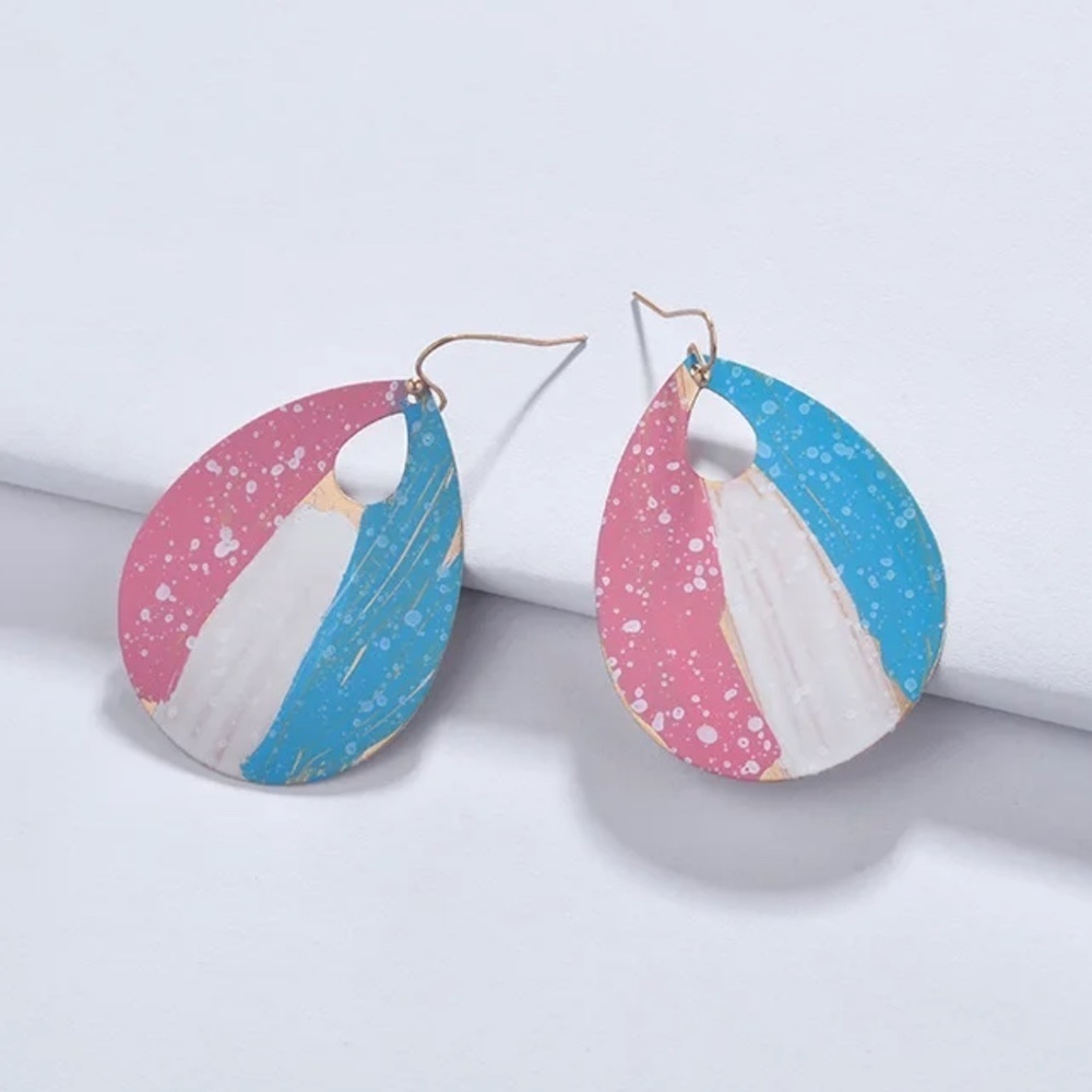 Abstract Teardrop Dangle Earrings – Pink, Blue & White Painted Statement Jewelry